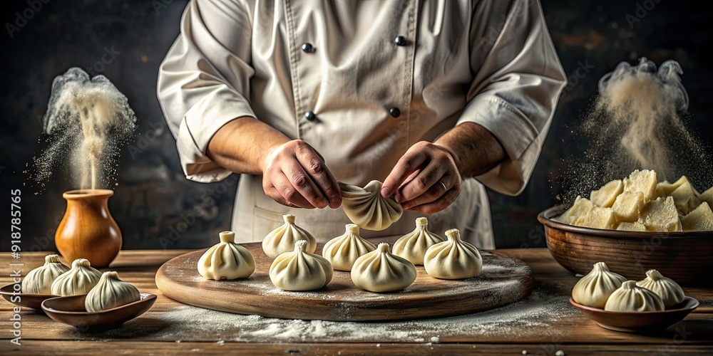 Cook preparing delicious and healthy khinkali in the kitchen, cooking, chef, food, Georgian cuisine, dumplings Cook preparing delicious and healthy khinkali in the kitchen, cooking, chef, food, Georgian cuisine, dumplings