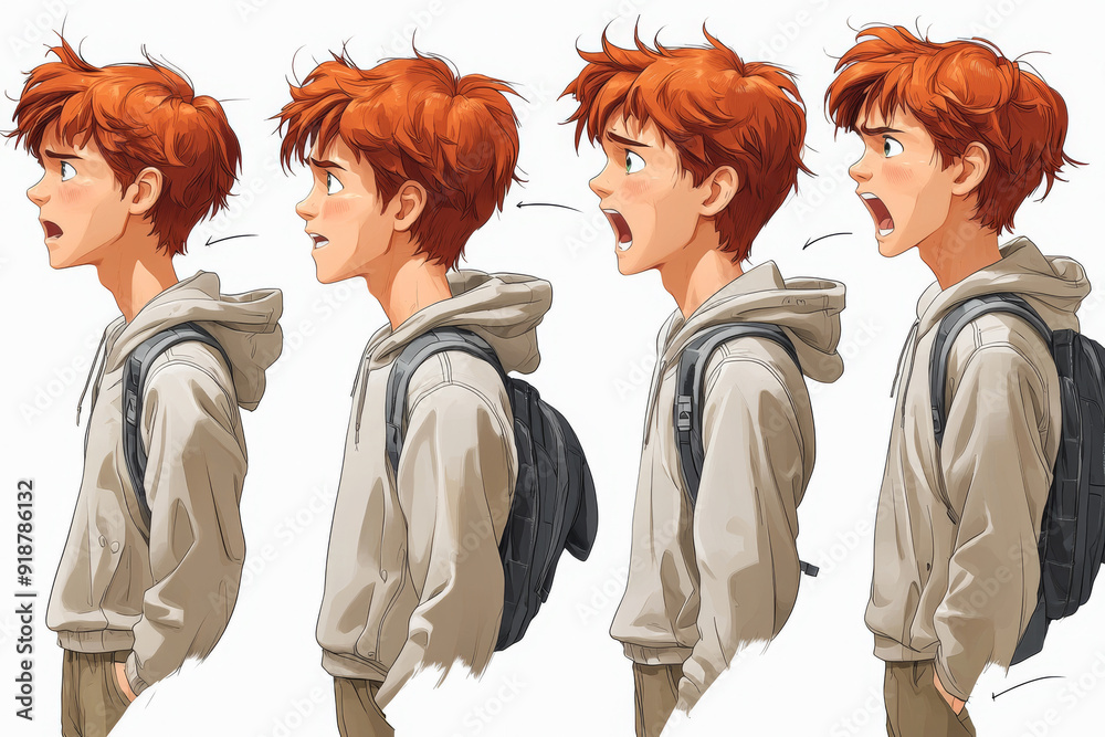 Emotional face cartoon character young office man 3/4 side view design vector illustration set. Happy, smiling, upset, surprised, sad, angry, shouting red hair person flat style concept Emotional face cartoon character young office man 3/4 side view design vector illustration set. Happy, smiling, upset, surprised, sad, angry, shouting red hair person flat style concept