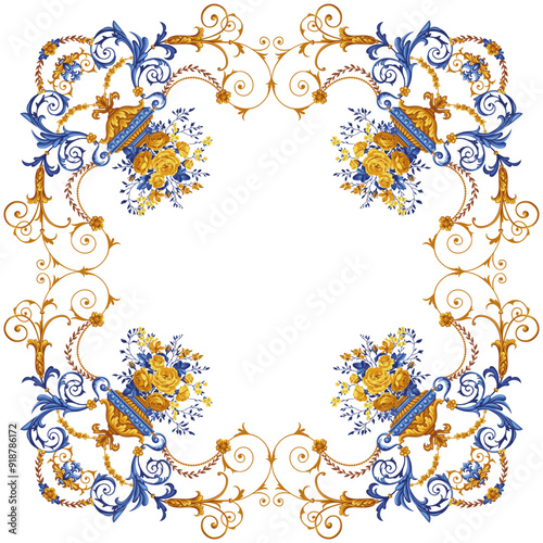 Design of scarf with vases of roses in Baroque style