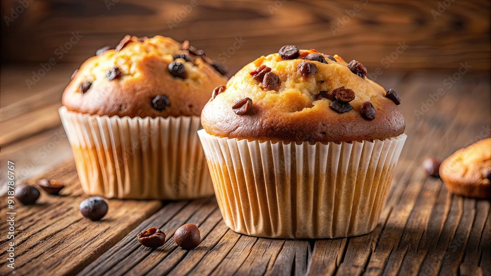 Two delicious muffins topped with sweet raisins and decadent chocolate chips, food, dessert, bakery, muffins Two delicious muffins topped with sweet raisins and decadent chocolate chips, food, dessert, bakery, muffins