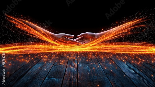 Abstract Hand Reaching Out with Flowing Digital Streams photo