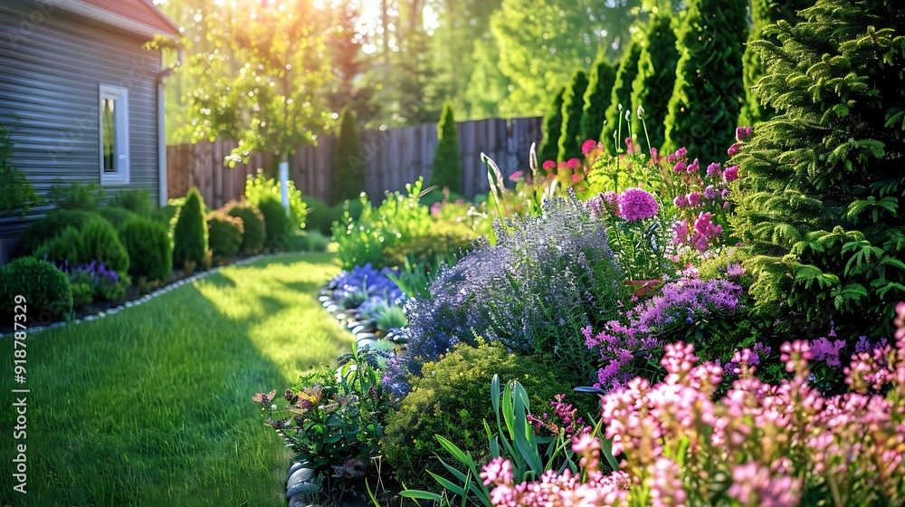 Gorgeously tended flowerbed and bushes in a sunny backyard Gorgeously tended flowerbed and bushes in a sunny backyard