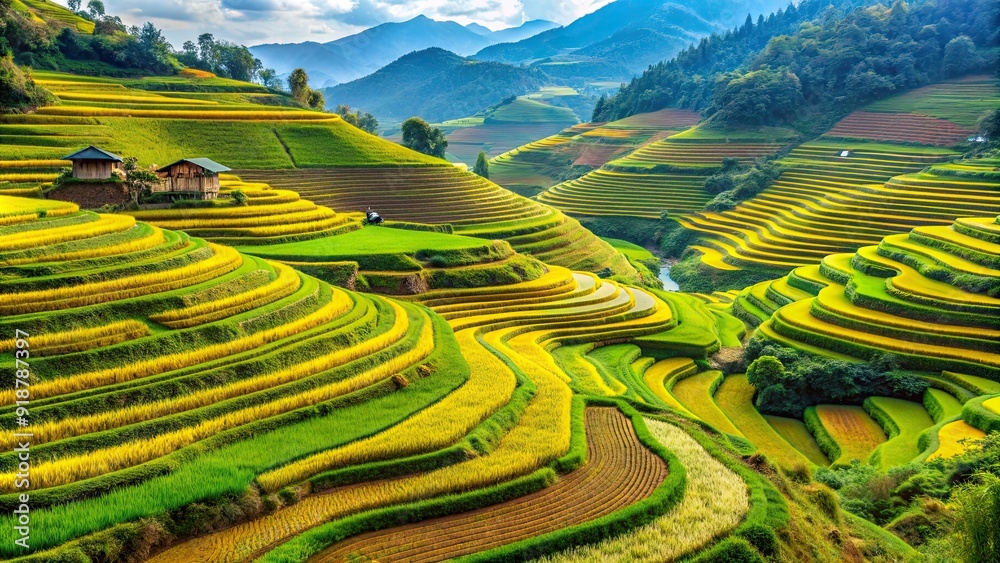 Vibrant terraced rice fields in full bloom in Sapa, Vietnam, Sapa, Vietnam, terraced, rice fields, agriculture, landscape, scenic Vibrant terraced rice fields in full bloom in Sapa, Vietnam, Sapa, Vietnam, terraced, rice fields, agriculture, landscape, scenic