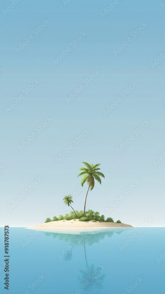 A small island with palm trees is reflected in the calm waters of a tropical sea A small island with palm trees is reflected in the calm waters of a tropical sea