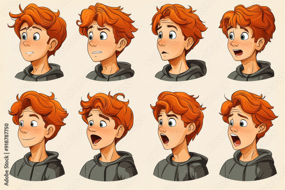 Emotional face cartoon character young office man 3/4 side view design vector illustration set. Happy, smiling, upset, surprised, sad, angry, shouting red hair person flat style concept Emotional face cartoon character young office man 3/4 side view design vector illustration set. Happy, smiling, upset, surprised, sad, angry, shouting red hair person flat style concept