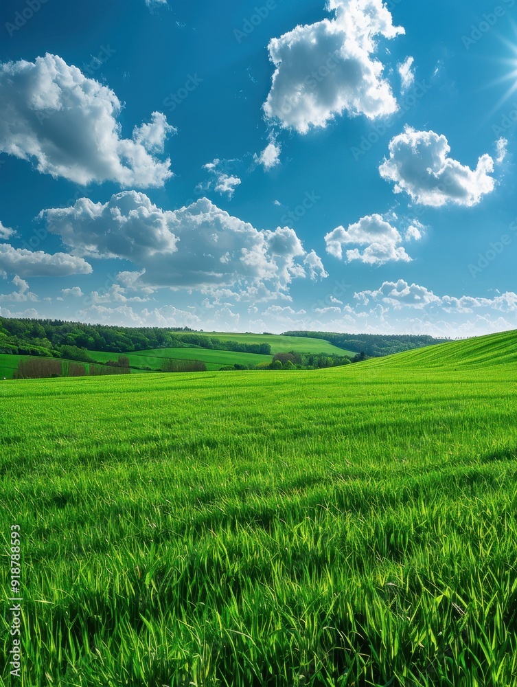 Naklejka premium A large, open field with a clear blue sky and fluffy white clouds