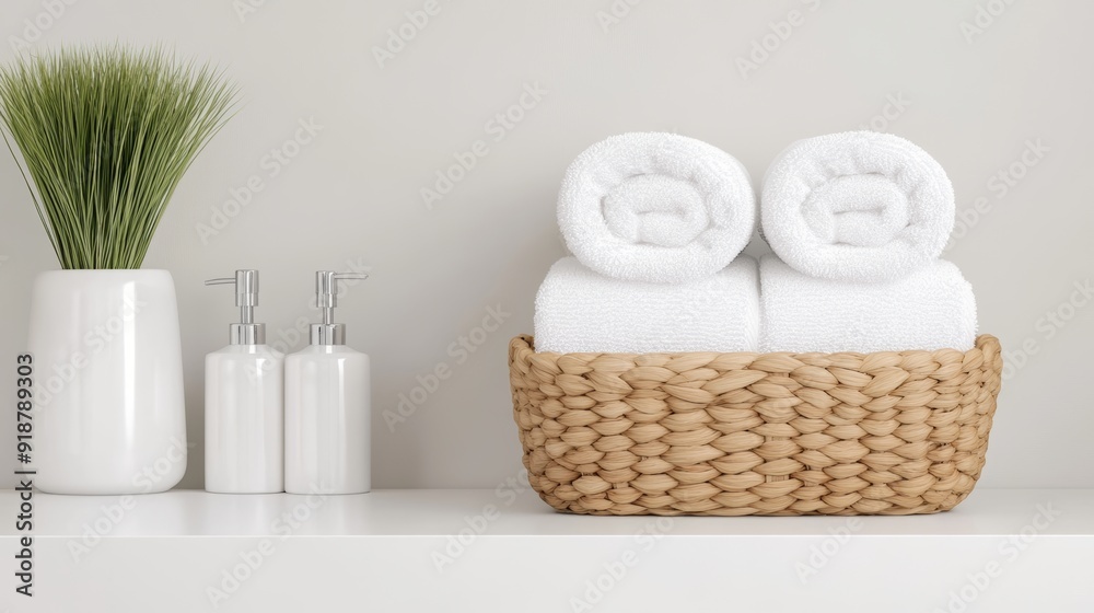 Elegant grass basket with a checkered weave design, neatly organized with rolled towels and bath accessories, set in a modern bathroom Elegant grass basket with a checkered weave design, neatly organized with rolled towels and bath accessories, set in a modern bathroom