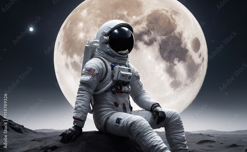 Astronaut sitting on moon rock with another moon background Astronaut sitting on moon rock with another moon background