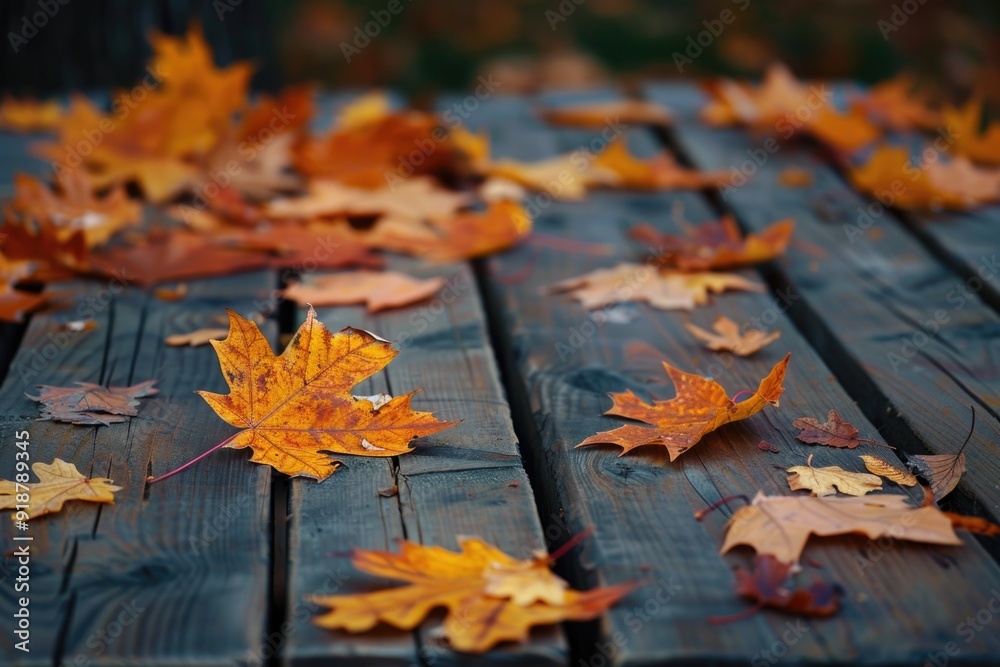 Obraz premium A wooden table covered in vibrant autumn leaves