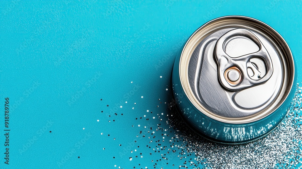 Close-Up of a Turquoise Beverage Can with Sparkling Metallic Texture Close-Up of a Turquoise Beverage Can with Sparkling Metallic Texture
