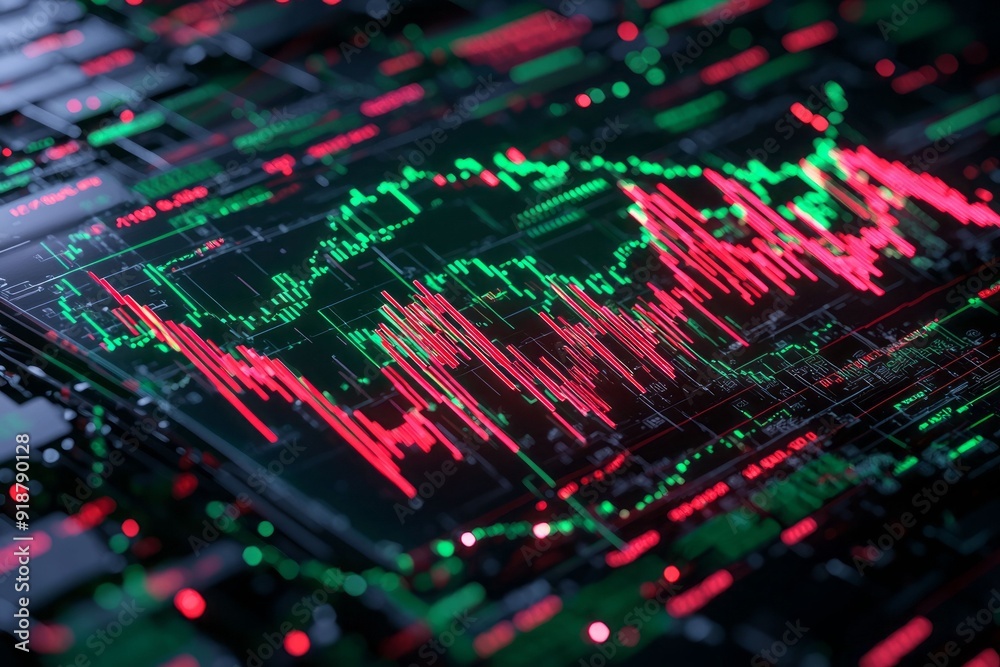 Obraz premium Abstract digital trading graph with light effects showcasing fluctuations in green and red colors on a dark background.