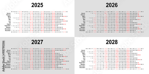 2025 2026 2027 2028 linear calendar, 12 months wall or desk planner with each month in row, vector template, germany month names