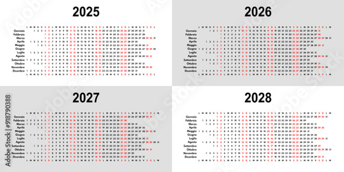 2025 2026 2027 2028 linear calendar, 12 months wall or desk planner with each month in row, vector template, italian month names