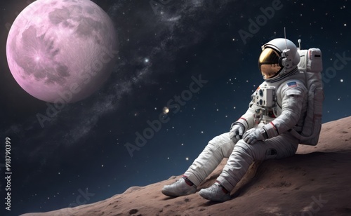 Realistic astronaut in moon looking to earth