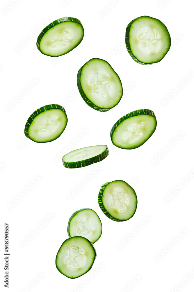 Flying cucumber slice on the air isolated on white background Flying cucumber slice on the air isolated on white background