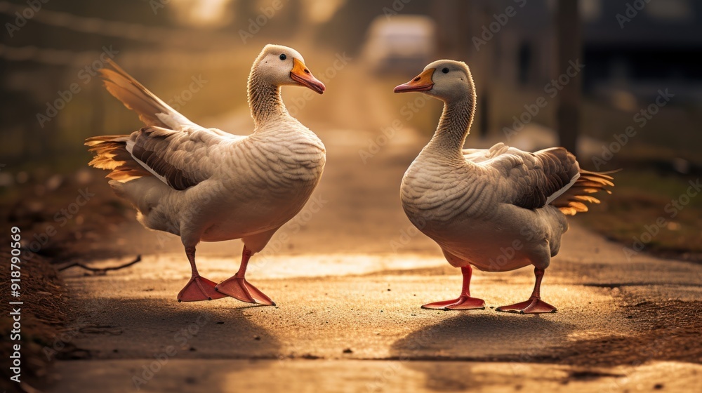 Two Geese Walking Towards Each Other in the Golden Light Two Geese Walking Towards Each Other in the Golden Light