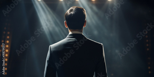 Back View of Man in Suit Standing Under Stage Lights. Speaker Ready for a Presentation or Speech.