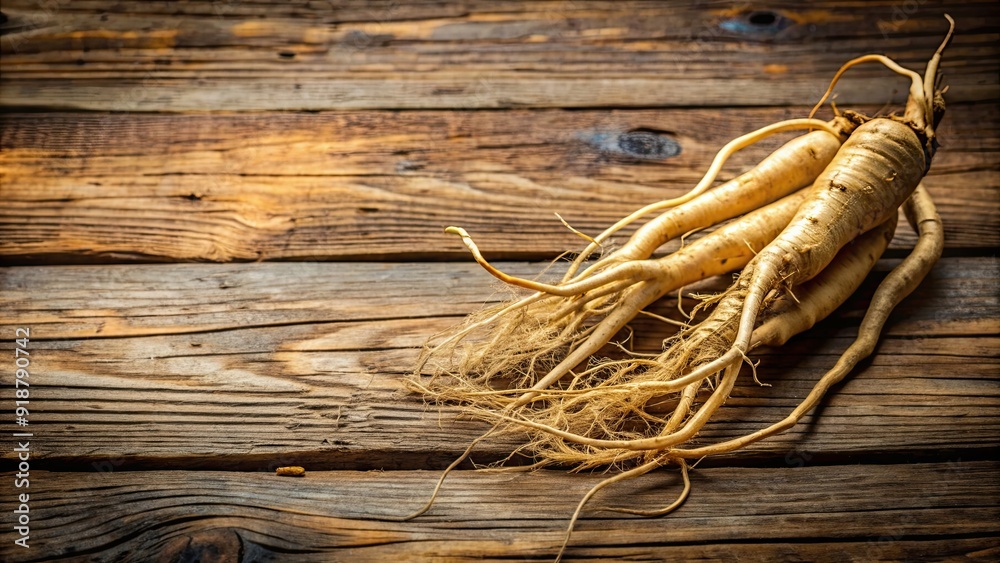 Ginseng root on rustic wooden background, ginseng, Panax ginseng, herbal remedy, traditional medicine, health, energy
