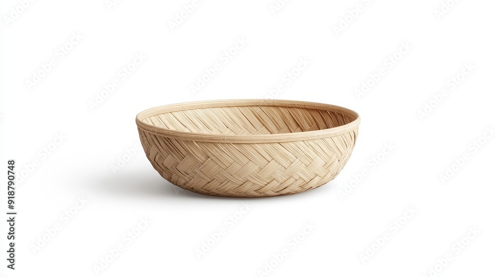 Contemporary rattan basket, natural tones, isolated on a bright white background, showcasing detailed weaving techniques Contemporary rattan basket, natural tones, isolated on a bright white background, showcasing detailed weaving techniques