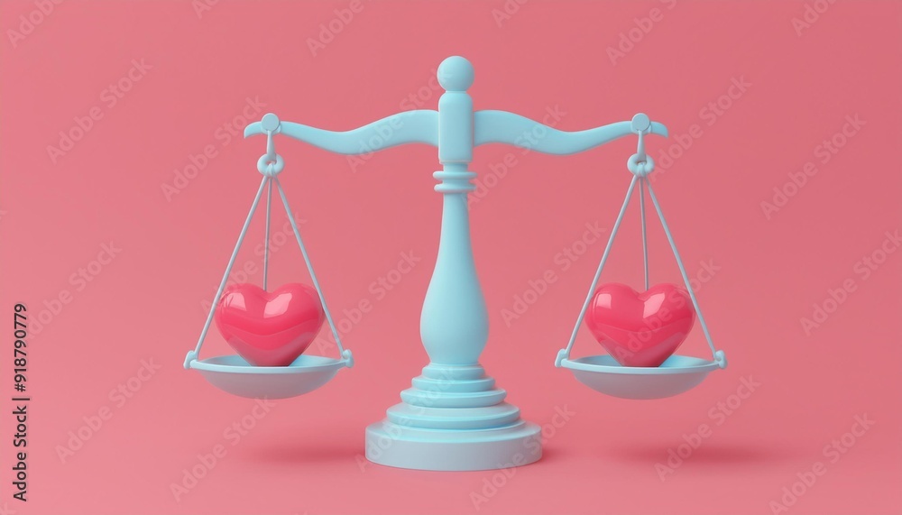 A whimsical balance scale with red hearts symbolizing love and justice, set against a pink background. A whimsical balance scale with red hearts symbolizing love and justice, set against a pink background.