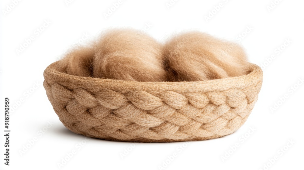 Delicate Angora wool basket with natural fibers, isolated on a clean white background, capturing intricate textures and soft, cozy feel Delicate Angora wool basket with natural fibers, isolated on a clean white background, capturing intricate textures and soft, cozy feel