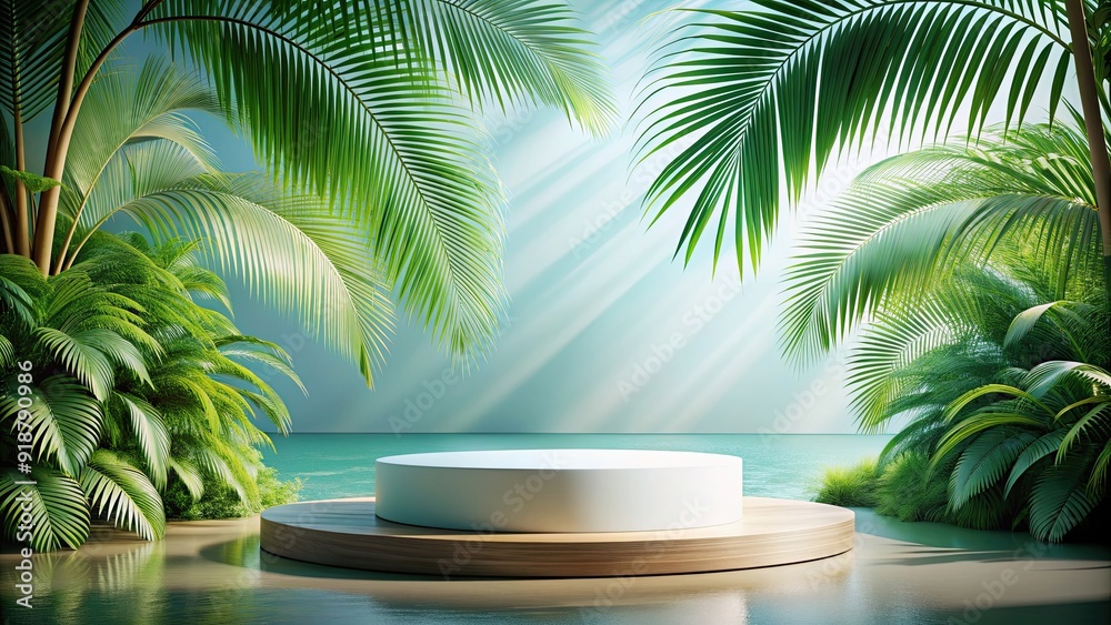 Podium for product display with a tropical background , showcase, exhibition, pedestal, stage, platform, tropical Podium for product display with a tropical background , showcase, exhibition, pedestal, stage, platform, tropical