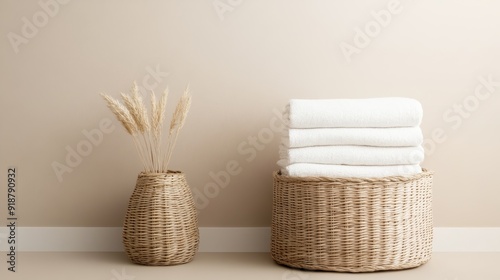 Deep laundry basket made of tightly woven wicker, set against a neutral backdrop, focus on texture and craftsmanship, timeless and practical design