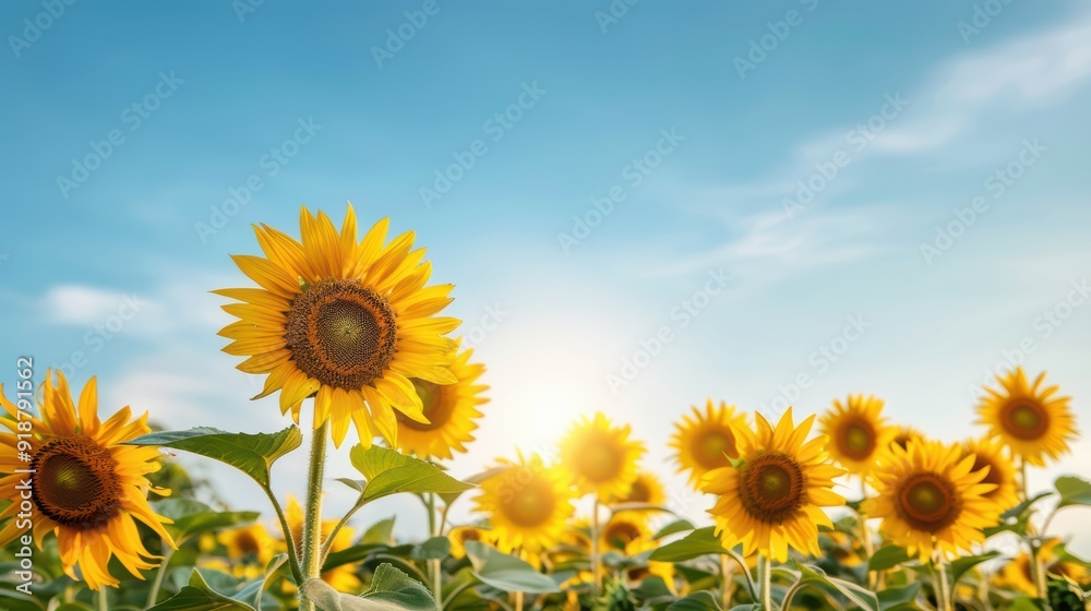 Obraz premium Bright Sunflowers in a Field Under a Clear Blue Sky on a Sunny Day