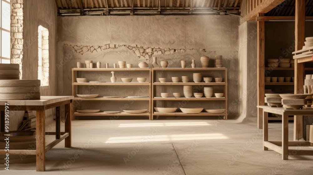 Sunlit Pottery Studio with Shelves of Handmade Ceramic Bowls and Vases in Rustic Workshop Setting Sunlit Pottery Studio with Shelves of Handmade Ceramic Bowls and Vases in Rustic Workshop Setting
