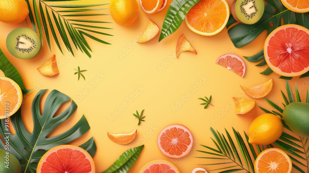 Vibrant Tropical Fruits and Palm Leaves on Yellow Background - Fresh Summer Citrus Composition Vibrant Tropical Fruits and Palm Leaves on Yellow Background - Fresh Summer Citrus Composition