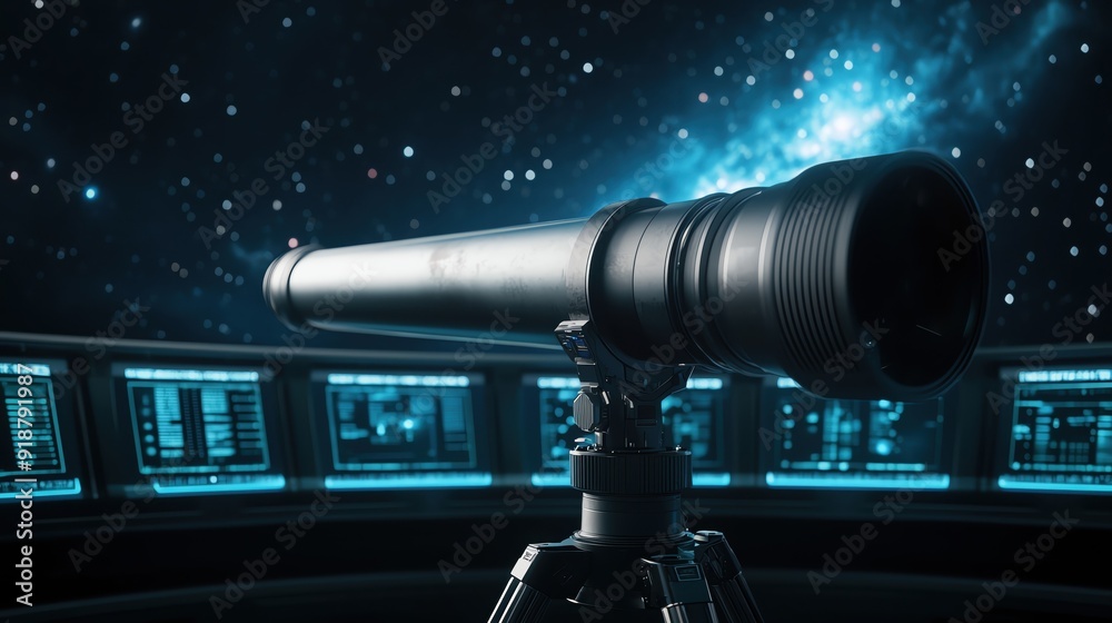 A high-tech telescope captures the beauty of the cosmos, set against a backdrop of glowing control panels in deep space. A high-tech telescope captures the beauty of the cosmos, set against a backdrop of glowing control panels in deep space.