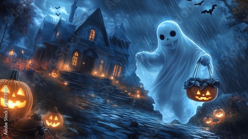 Cute ghost with jack-o-lantern and trick-or-treat bag,Generative AI,ジャックオーランタンとトリックオアトリートバッグを持っている可愛い幽霊,Generative AI photo