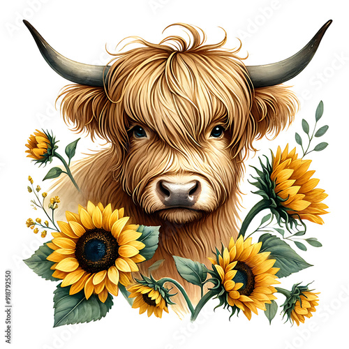 Charming illustration of a Highland cow surrounded by vibrant sunflowers transparent background, PNG photo