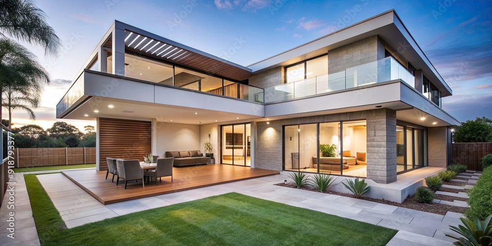 Fototapeta premium Modern Australian house with sleek design and spacious outdoor living area, sustainable, minimalist, contemporary