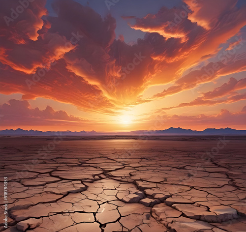 Dramatic sunset over cracked earth. Desert landscape background.