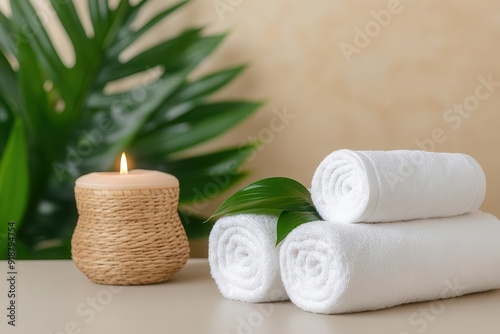 A serene spa setting featuring rolled towels, a lit candle, and lush green leaves for a calming atmosphere. photo