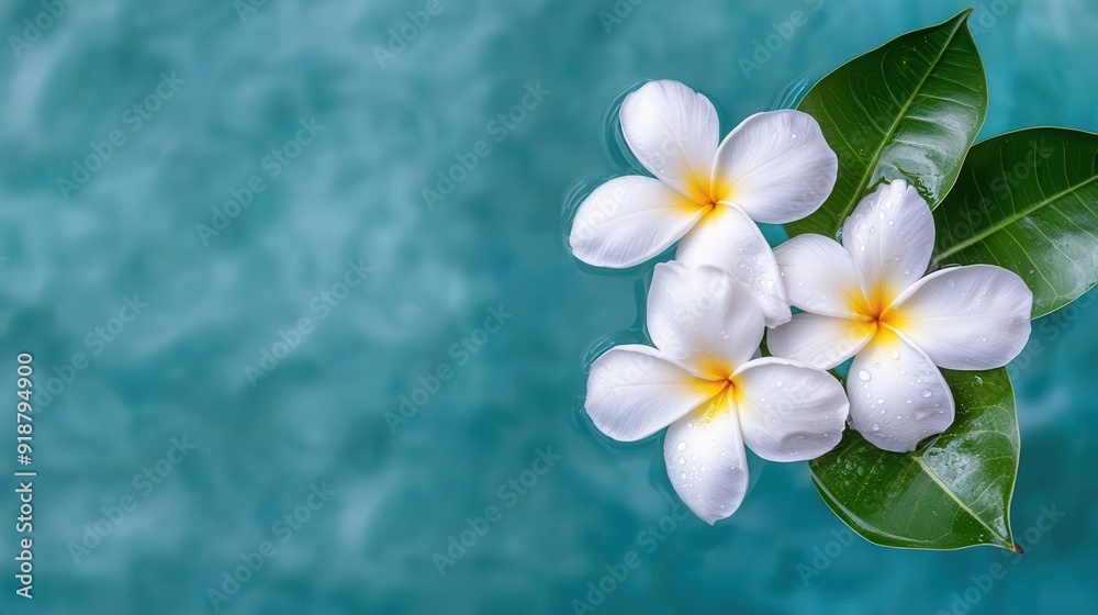 Fototapeta premium Beautiful white flowers with yellow center resting on green leaves, set against a serene turquoise background.
