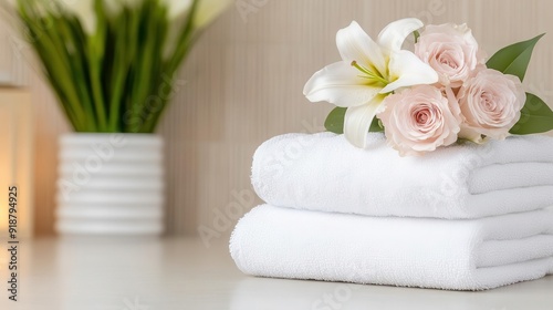 Elegant arrangement of white towels with delicate roses and lilies, perfect for a spa or bathroom setting.
