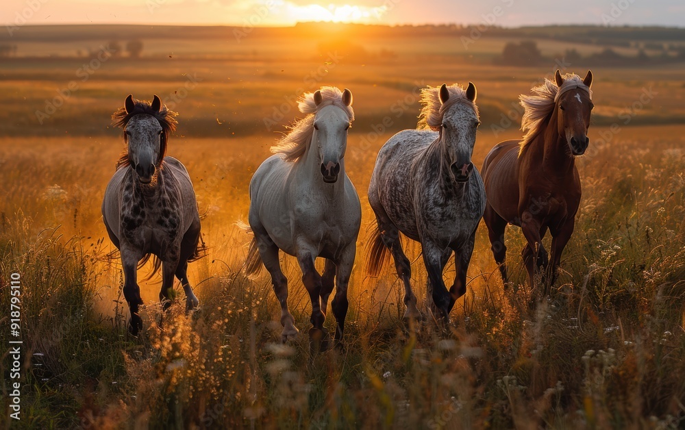Four horses running through a golden field at sunset Four horses running through a golden field at sunset