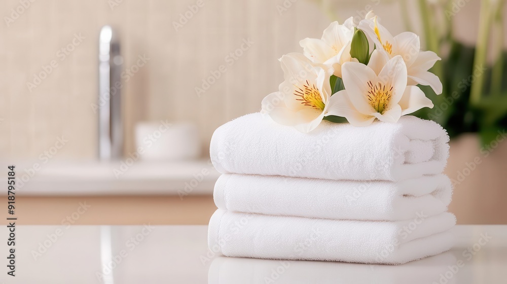 Soft white towels stacked neatly with fresh flowers, creating a serene and inviting bathroom atmosphere. Soft white towels stacked neatly with fresh flowers, creating a serene and inviting bathroom atmosphere.