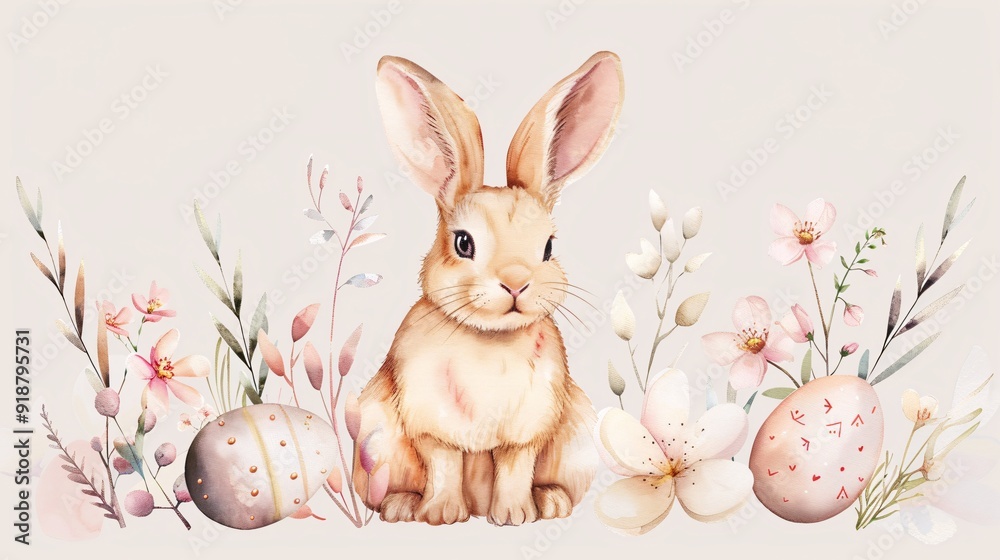 2. An adorable Easter card design with a watercolor vector image of a sweet bunny, decorated eggs, and delicate spring flowers, using a palette of gentle pastel hues, set against a clean background 2. An adorable Easter card design with a watercolor vector image of a sweet bunny, decorated eggs, and delicate spring flowers, using a palette of gentle pastel hues, set against a clean background