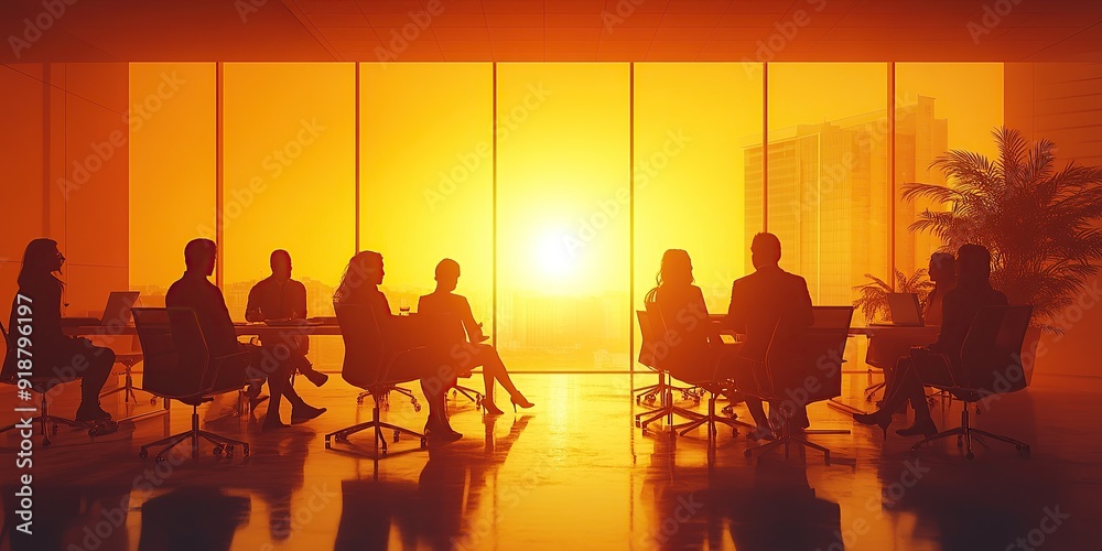 Business Meeting in a Sleek Minimalist Office at Sunset Business Meeting in a Sleek Minimalist Office at Sunset