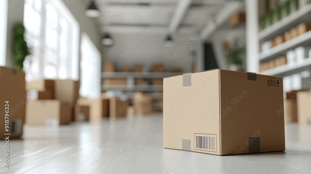 A cardboard box sits on a floor in a warehouse A cardboard box sits on a floor in a warehouse