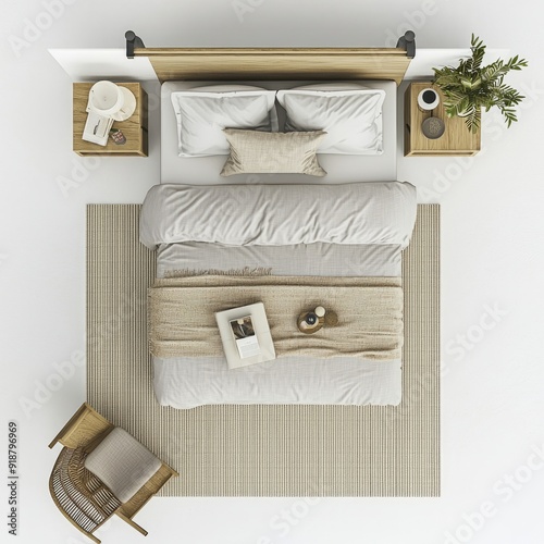 3D Render of a guest bedroom with a double bed, nightstands, floor plan, on isolated white background