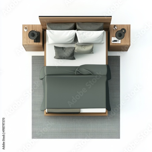 3D Render of a minimalist bedroom with a platform bed, low-profile, floor plan, on isolated white background