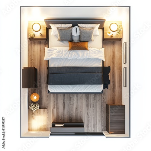 3D Render of a modern bedroom with a sleek bed, floating nightstands, floor plan, on isolated white background