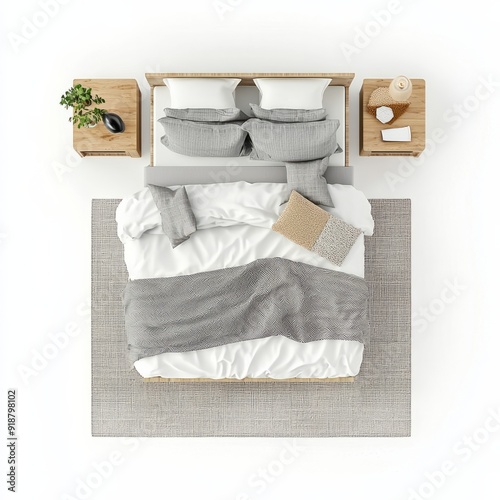 3D Render of a Scandinavian bedroom with a white bed frame, floor plan, on isolated white background