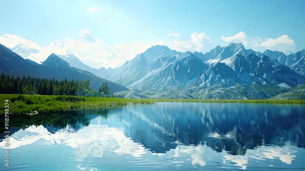 Tranquil lake with a reflection of mountains, clear sky, peaceful scene Tranquil lake with a reflection of mountains, clear sky, peaceful scene