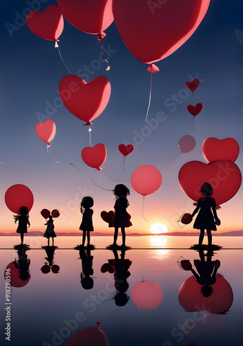 Valentine romantic background with heart shaped blloons floating in the sky
 photo