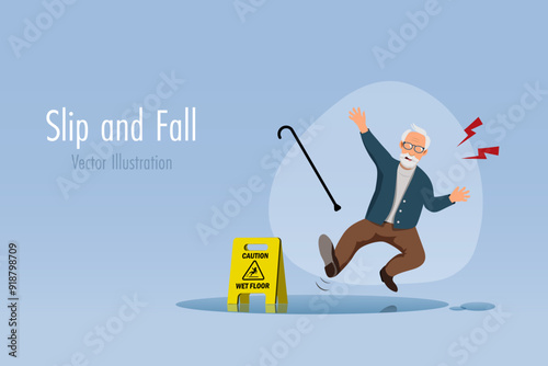 Senior man slip and fall on wet floor. Accident and emergency caution for Elderly.  Senior health care. Vector.